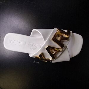 Karl Lagerfeld White Slide Sandals with Gold Accents